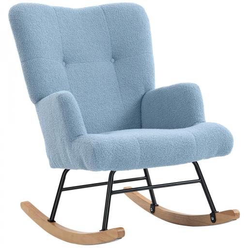 Silla Mecedora de Terciopelo de Teddy con Respaldo Alto Patas de Madera de Caucho Reposabrazos Azul Claro [8]