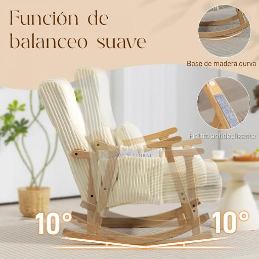 Silla Mecedora de Pana con Cojín Lumbar Patas y Reposabrazos de Madera de Caucho Bolsillo Estilo Moderno Beige [2]