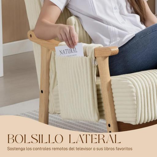 Silla Mecedora de Pana con Cojín Lumbar Patas y Reposabrazos de Madera de Caucho Bolsillo Estilo Moderno Beige [1]