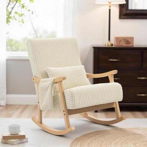 Silla Mecedora de Pana con Cojín Lumbar Patas y Reposabrazos de Madera de Caucho Bolsillo Estilo Moderno Beige [6]