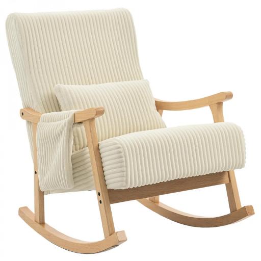 Silla Mecedora de Pana con Cojín Lumbar Patas y Reposabrazos de Madera de Caucho Bolsillo Estilo Moderno Beige [8]
