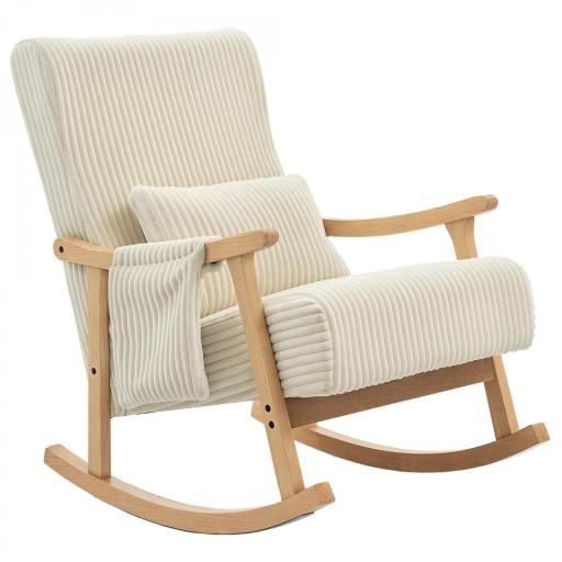 Silla Mecedora de Pana con Cojín Lumbar Patas y Reposabrazos de Madera de Caucho Bolsillo Estilo Moderno Beige [9]