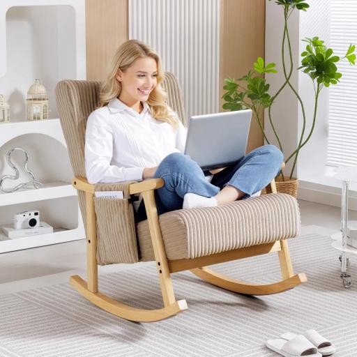 Silla Mecedora de Pana con Cojín Lumbar Patas y Reposabrazos de Madera de Caucho Bolsillo Estilo Moderno Marrón Claro [5]