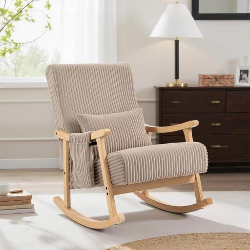 Silla Mecedora de Pana con Cojín Lumbar Patas y Reposabrazos de Madera de Caucho Bolsillo Estilo Moderno Marrón Claro [6]