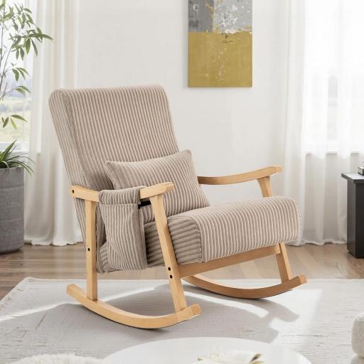 Silla Mecedora de Pana con Cojín Lumbar Patas y Reposabrazos de Madera de Caucho Bolsillo Estilo Moderno Marrón Claro [7]