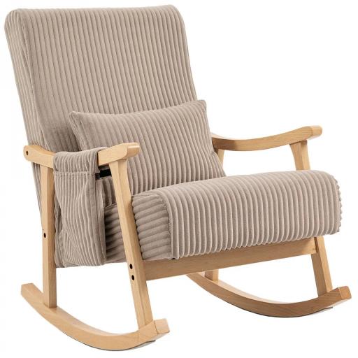 Silla Mecedora de Pana con Cojín Lumbar Patas y Reposabrazos de Madera de Caucho Bolsillo Estilo Moderno Marrón Claro [8]