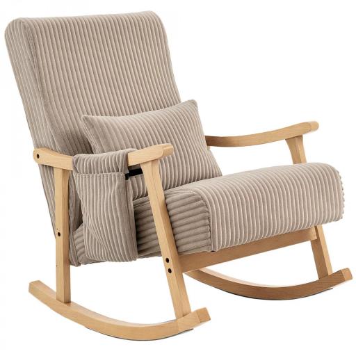 Silla Mecedora de Pana con Cojín Lumbar Patas y Reposabrazos de Madera de Caucho Bolsillo Estilo Moderno Marrón Claro [9]