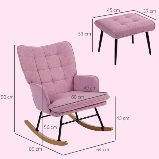 Silla Mecedora con Reposapiés con Cojín Acolchado Reposabrazos Respaldo Alto Patas de Madera Carga 130 kg Rosa [1]