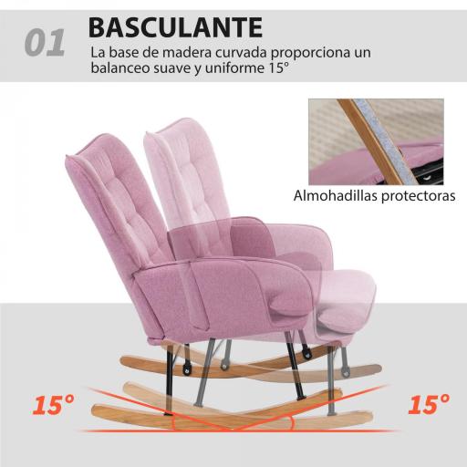 Silla Mecedora con Reposapiés con Cojín Acolchado Reposabrazos Respaldo Alto Patas de Madera Carga 130 kg Rosa [2]