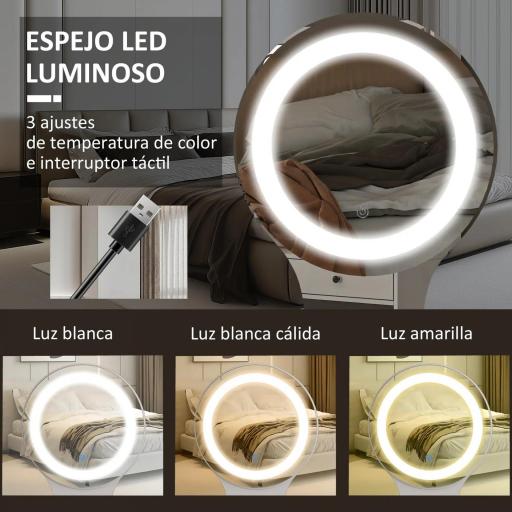 Tocador con Espejo y Luces LED Ajustables con 5 Cajones 4 Compartimentos y 1 Estante 100x44x137 cm Blanco y Natural [5]