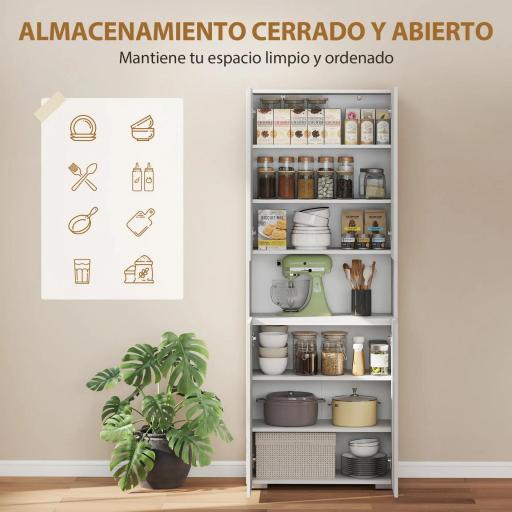 Alacena de Cocina con 4 Puertas Compartimento Abierto Estantes Ajustables 68x34x180 cm Blanco Brillo [5]