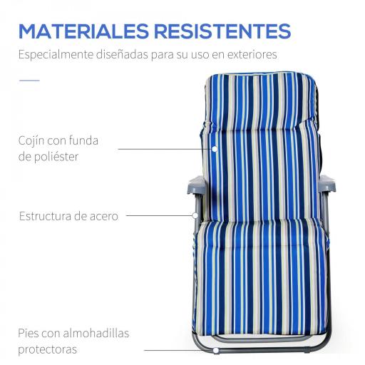  2 Tumbonas de Jardín de Acero con Cojín Acolchado Respaldo Ajustable y Reposapiés 60x75x65-102 cm Rayas Azul [3]