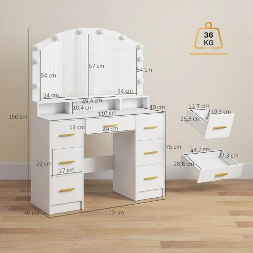 Tocador de Maquillaje con Luces LED de 3 Colores Tocador con Espejo 7 Cajones y 3 Compartimentos Blanco [1]