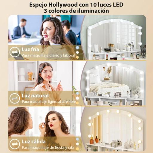 Tocador de Maquillaje con Luces LED de 3 Colores Tocador con Espejo 7 Cajones y 3 Compartimentos Blanco [6]