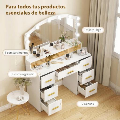 Tocador de Maquillaje con Luces LED de 3 Colores Tocador con Espejo 7 Cajones y 3 Compartimentos Blanco [3]