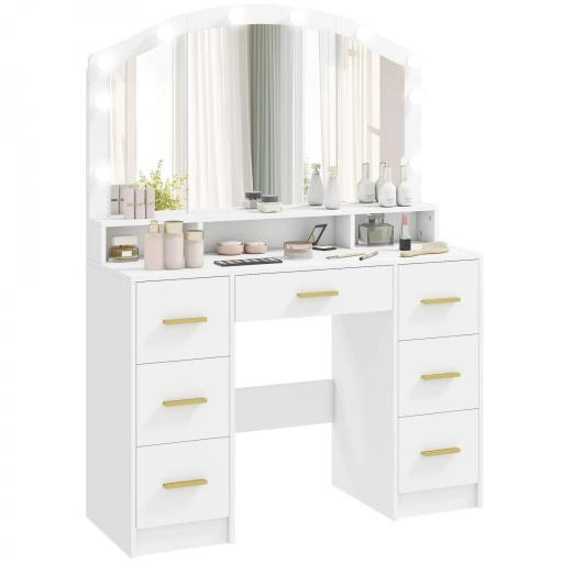 Tocador de Maquillaje con Luces LED de 3 Colores Tocador con Espejo 7 Cajones y 3 Compartimentos Blanco [9]