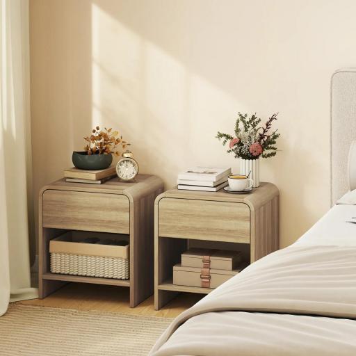 Juego de 2 Mesitas de Noche Nórdicas con Esquinas Redondeadas Cajón y Estante Abierto 40x35x45 cm Natural [0]