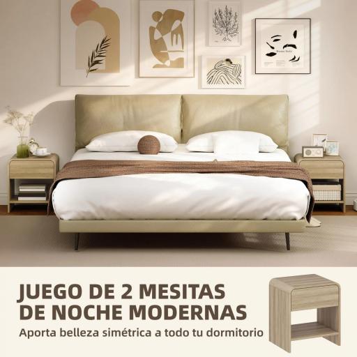 Juego de 2 Mesitas de Noche Nórdicas con Esquinas Redondeadas Cajón y Estante Abierto 40x35x45 cm Natural [2]