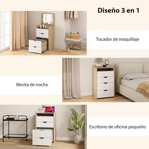 Tocador de Maquillaje 3 en 1 con Taburete Oculto y Espejo Abatible Mesa de Maquillaje de Vidrio Visible Roble y Blanco [5]