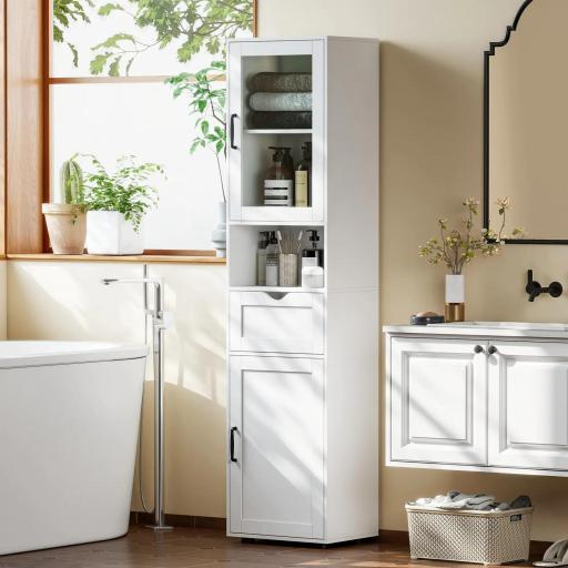 Columna de Baño Estrecha con Puerta de Vidrio Estantes Ajustables Cajón Estante Abierto 40x30x165 cm Blanco [0]