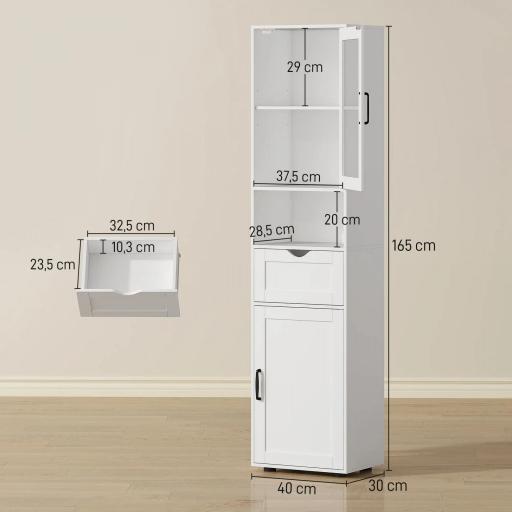 Columna de Baño Estrecha con Puerta de Vidrio Estantes Ajustables Cajón Estante Abierto 40x30x165 cm Blanco [1]