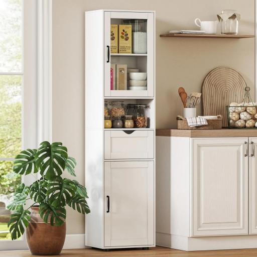 Columna de Baño Estrecha con Puerta de Vidrio Estantes Ajustables Cajón Estante Abierto 40x30x165 cm Blanco [6]