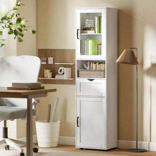 Columna de Baño Estrecha con Puerta de Vidrio Estantes Ajustables Cajón Estante Abierto 40x30x165 cm Blanco [3]