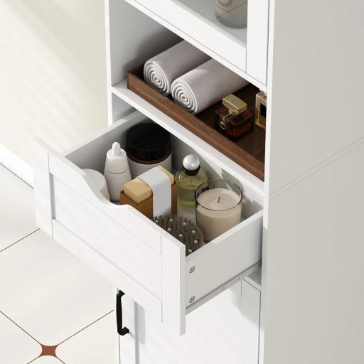 Columna de Baño Estrecha con Puerta de Vidrio Estantes Ajustables Cajón Estante Abierto 40x30x165 cm Blanco [7]