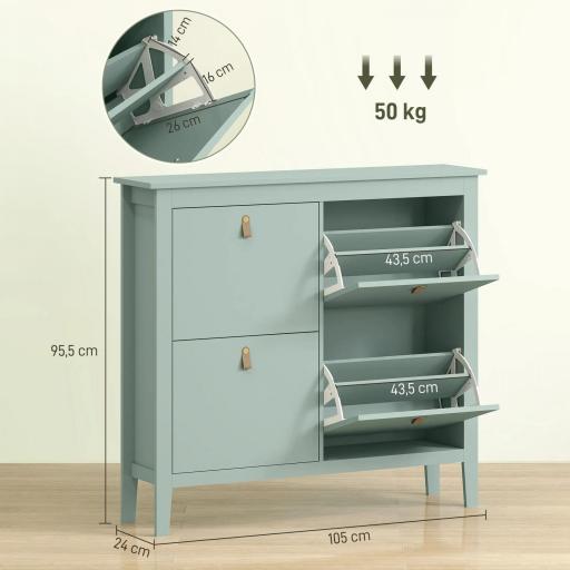 Zapatero Estrecho con 4 Compartimentos y Tiradores de Cuero PU para Pasillo y Recibidor 105x24x95,5 cm Verde Claro [2]