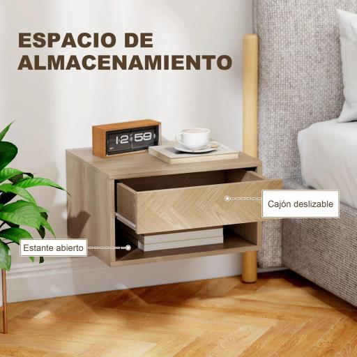 Juego de 2 Mesitas de Noche Colgantes Mesillas de Noche con Cajón y Compartimento para Dormitorio 37x32x21 cm Natural [2]