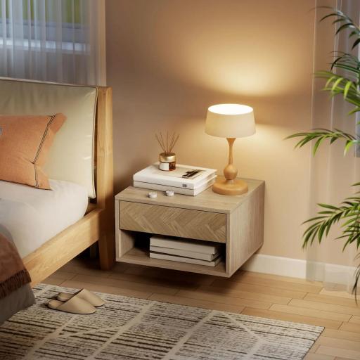 Juego de 2 Mesitas de Noche Colgantes Mesillas de Noche con Cajón y Compartimento para Dormitorio 37x32x21 cm Natural [5]