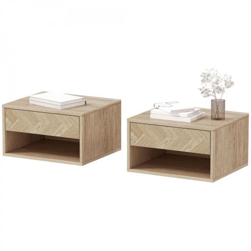 Juego de 2 Mesitas de Noche Colgantes Mesillas de Noche con Cajón y Compartimento para Dormitorio 37x32x21 cm Natural [9]