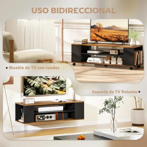 Mueble de TV Suspendido o de Pie con Ruedas 4 Estantes para Televisión de 55 Pulgadas 120x40x38,5 cm Nogal y Negro [4]
