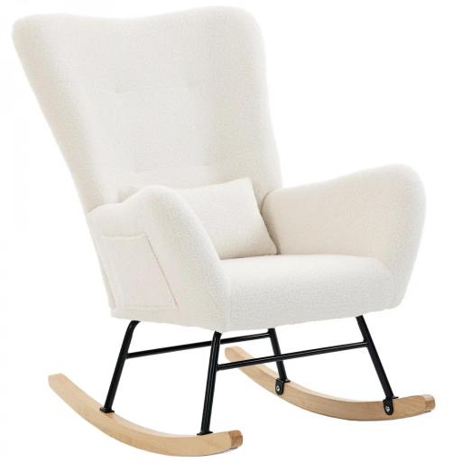 Mecedora de Terciopelo de Teddy con Respaldo Acolchado Almohada y Base de Madera de Caucho Carga 120 kg Crema [8]