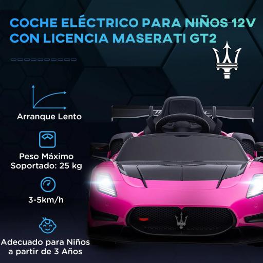 Coche Eléctrico para Niños de +3 Años Maserati GT2 con Mando a Distancia Faros LED Bocina Música Ruedas Auxiliares Rosa [5]