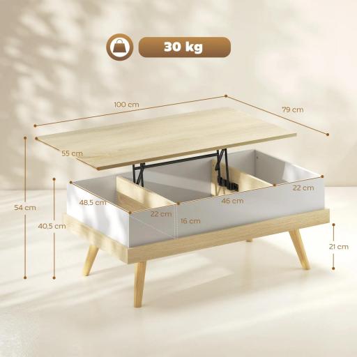 Mesa de Centro Elevable con 3 Compartimientos de Almacenaje Ocultos y Patas de Madera 100x79x54 cm Natural y Blanco [1]