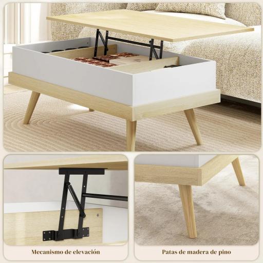 Mesa de Centro Elevable con 3 Compartimientos de Almacenaje Ocultos y Patas de Madera 100x79x54 cm Natural y Blanco [4]