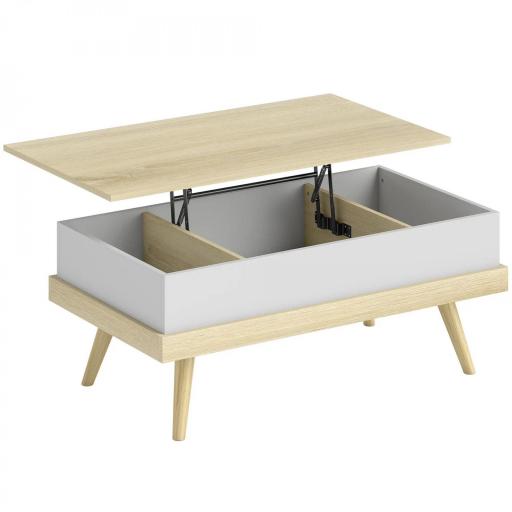 Mesa de Centro Elevable con 3 Compartimientos de Almacenaje Ocultos y Patas de Madera 100x79x54 cm Natural y Blanco [10]