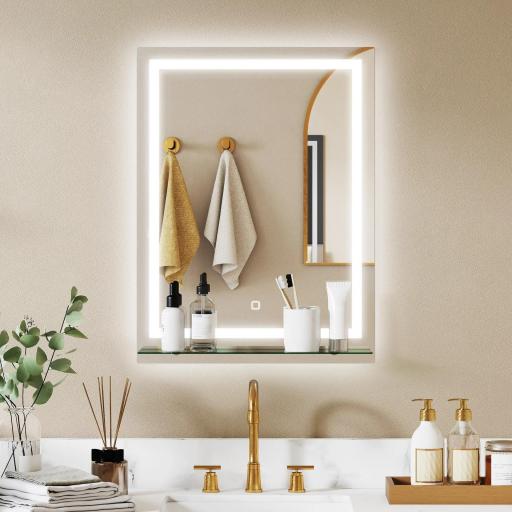 Espejo para Baño 60x80 cm con 3 Colores de Luz Estante de Vidrio Función de Memoria e Interruptor Táctil Plata [0]