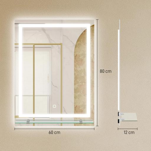 Espejo para Baño 60x80 cm con 3 Colores de Luz Estante de Vidrio Función de Memoria e Interruptor Táctil Plata [1]