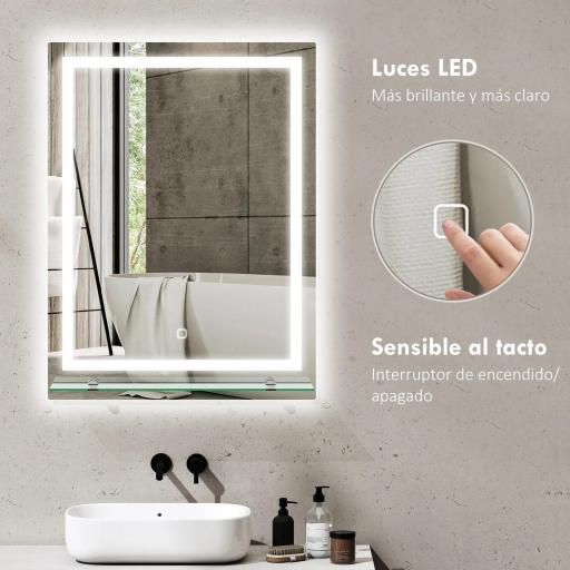 Espejo para Baño 60x80 cm con 3 Colores de Luz Estante de Vidrio Función de Memoria e Interruptor Táctil Plata [9]
