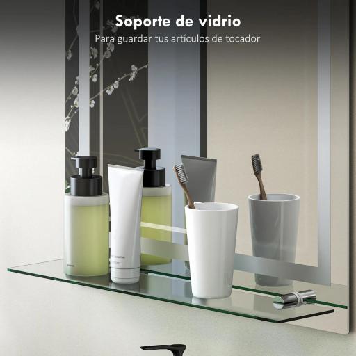 Espejo para Baño 60x80 cm con 3 Colores de Luz Estante de Vidrio Función de Memoria e Interruptor Táctil Plata [4]