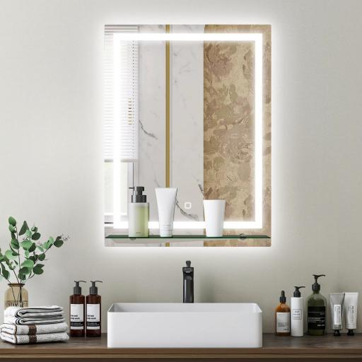 Espejo para Baño 60x80 cm con 3 Colores de Luz Estante de Vidrio Función de Memoria e Interruptor Táctil Plata [5]