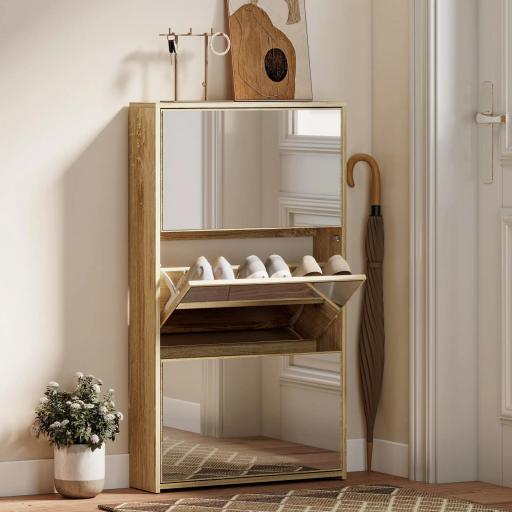 Zapatero Entrada Recibidor con 3 Puertas con Espejo Zapatero Estrecho para 9 Pares de Zapatos 65x17x114,5 cm Natural [0]