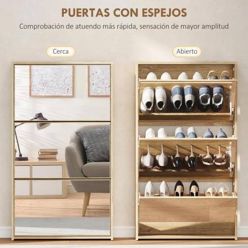 Zapatero Entrada Recibidor con 3 Puertas con Espejo Zapatero Estrecho para 9 Pares de Zapatos 65x17x114,5 cm Natural [4]