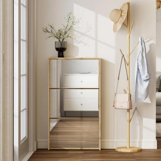 Zapatero Entrada Recibidor con 3 Puertas con Espejo Zapatero Estrecho para 9 Pares de Zapatos 65x17x114,5 cm Natural [6]