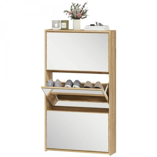 Zapatero Entrada Recibidor con 3 Puertas con Espejo Zapatero Estrecho para 9 Pares de Zapatos 65x17x114,5 cm Natural [9]