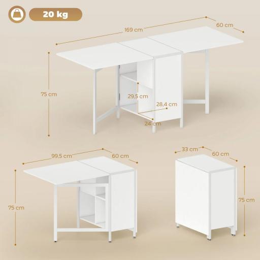 Mesa Plegable de Comedor con Alas Abatibles 4 Compartimentos 3 Formas para Cocina Salón 169x60x75 cm Blanco [1]