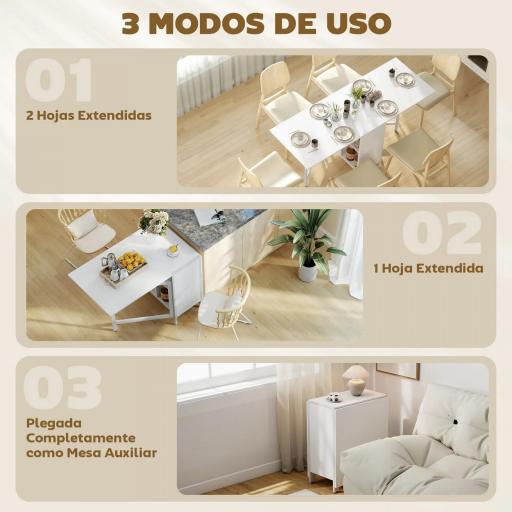 Mesa Plegable de Comedor con Alas Abatibles 4 Compartimentos 3 Formas para Cocina Salón 169x60x75 cm Blanco [3]