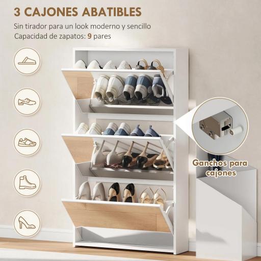 Zapatero Entrada Recibidor con 3 Puertas con Espejo Zapatero Estrecho para 9 Pares de Zapatos 65x17x114,5 cm Blanco [2]